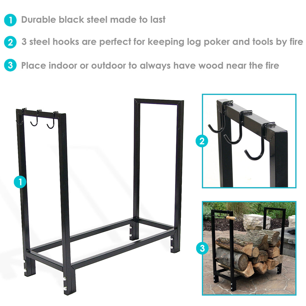 Sunnydaze 30 in Steel Firewood Log Rack with Fireplace Tool Hooks - Black Image 2