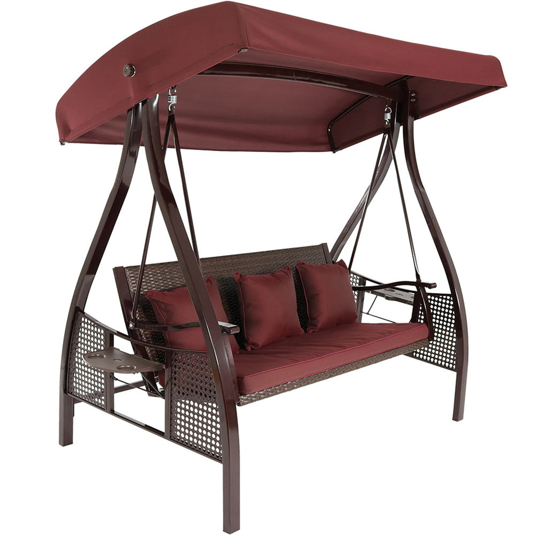 Sunnydaze 3-Person Steel Patio Swing Bench with Side Tables/Canopy - Maroon Image 1