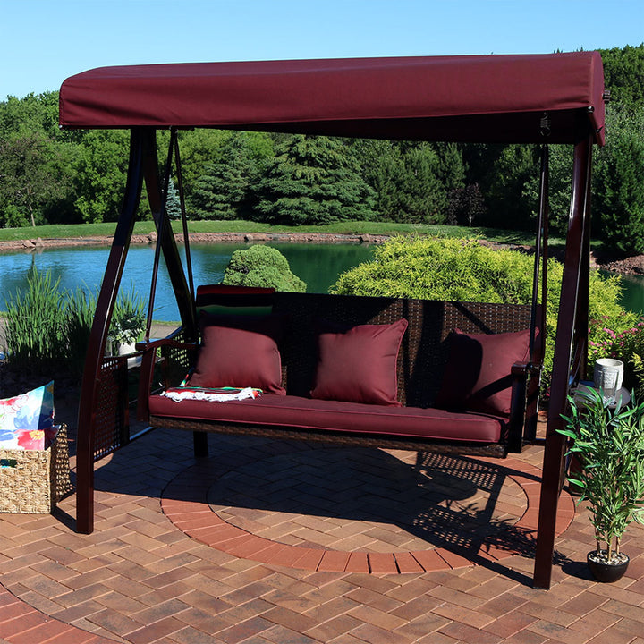 Sunnydaze 3-Person Steel Patio Swing Bench with Side Tables/Canopy - Maroon Image 5