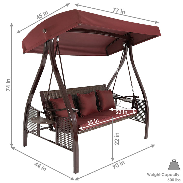 Sunnydaze 3-Person Steel Patio Swing Bench with Side Tables/Canopy - Maroon Image 4