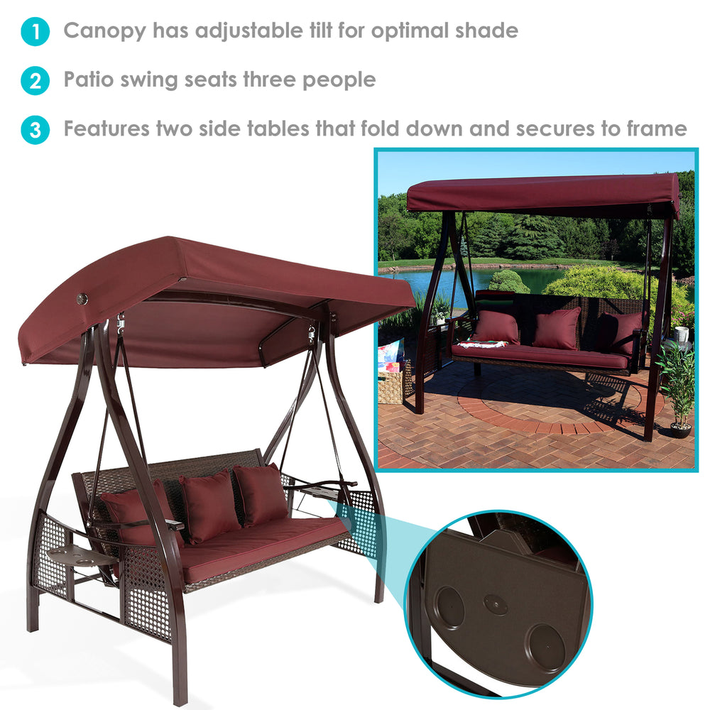 Sunnydaze 3-Person Steel Patio Swing Bench with Side Tables/Canopy - Maroon Image 2