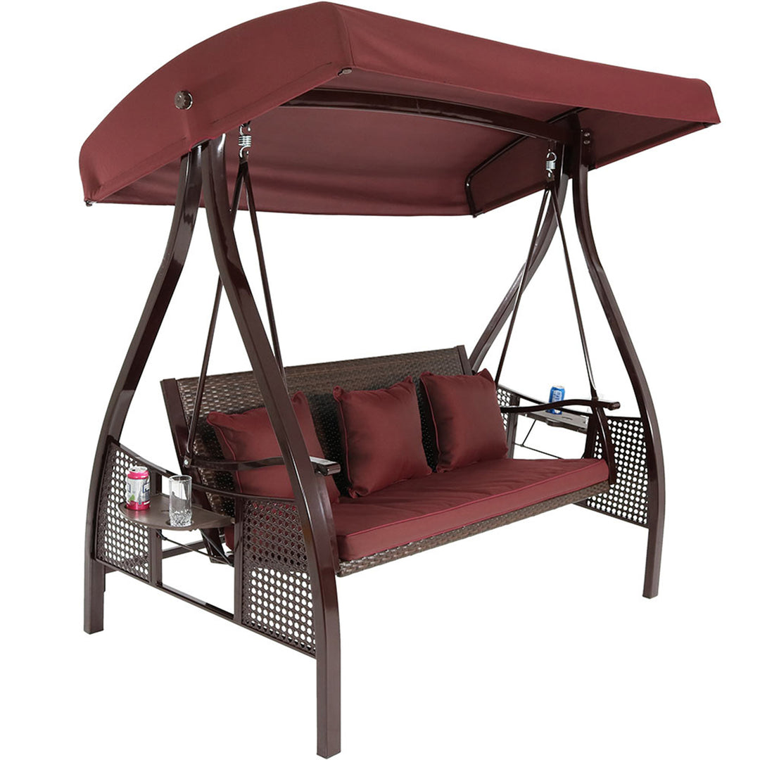 Sunnydaze 3-Person Steel Patio Swing Bench with Side Tables/Canopy - Maroon Image 9