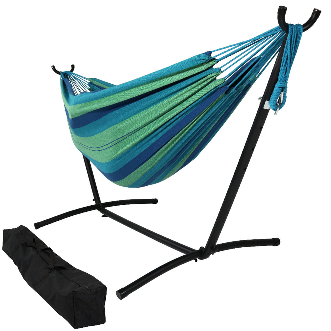 Sunnydaze Large Cotton Hammock with Steel Stand and Carrying Case - Oasis Image 1