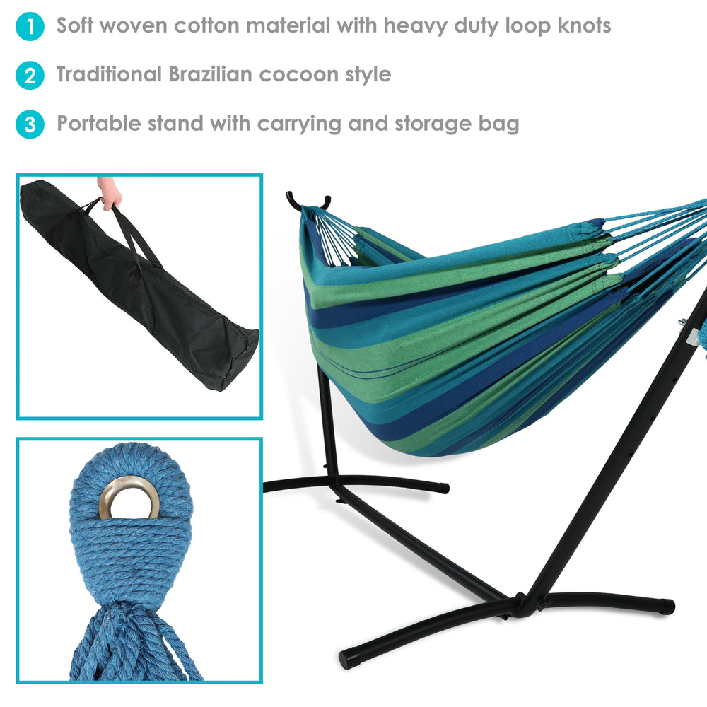 Sunnydaze Large Cotton Hammock with Steel Stand and Carrying Case - Oasis Image 2