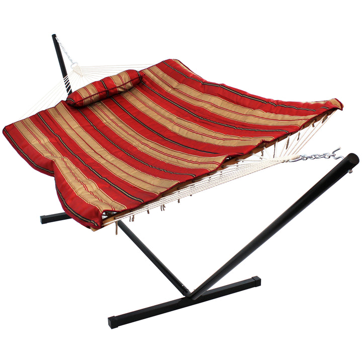 Sunnydaze Cotton Rope Hammock with Steel Stand and Pad/Pillow - Striped Image 1