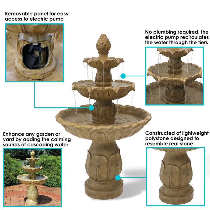 Sunnydaze Classic Tulip Polystone Outdoor 3-Tier Fountain - Stone Image 2