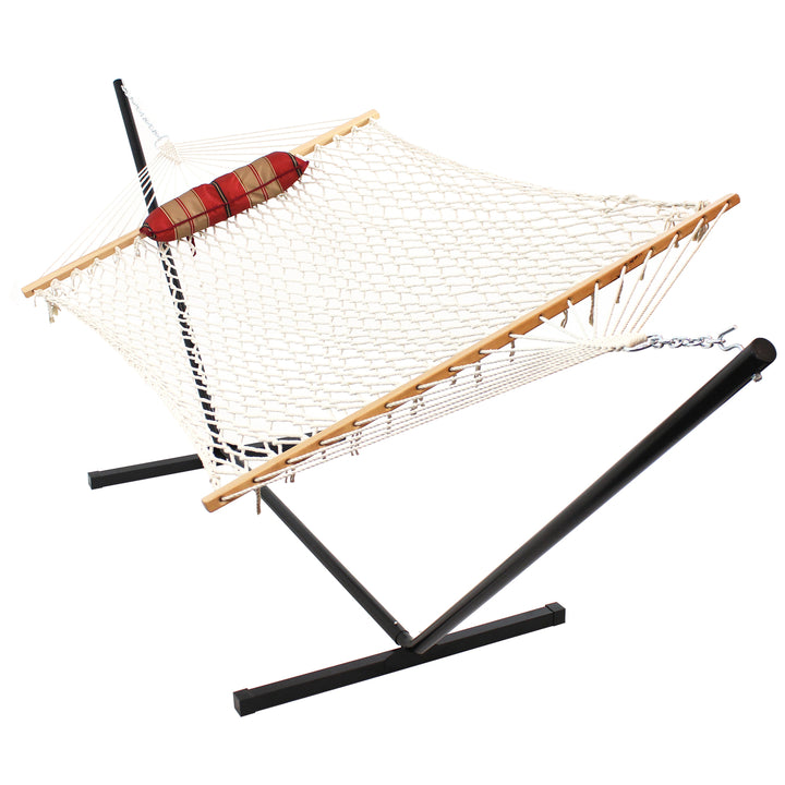 Sunnydaze Cotton Rope Hammock with Steel Stand and Pad/Pillow - Striped Image 7