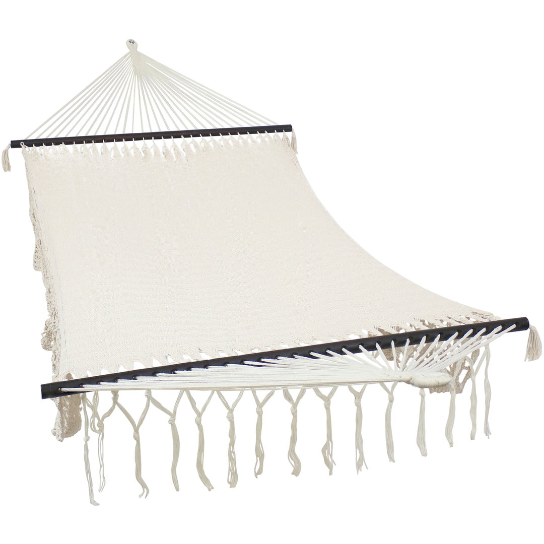 Sunnydaze 2-Person Woven Rope Hammock with Spreader Bars and Fringe - Cream Image 1