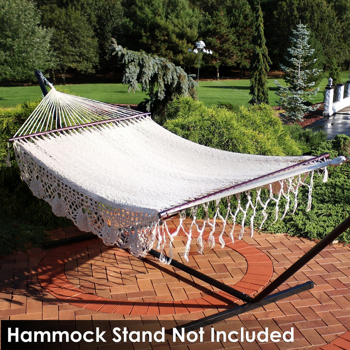 Sunnydaze 2-Person Woven Rope Hammock with Spreader Bars and Fringe - Cream Image 4