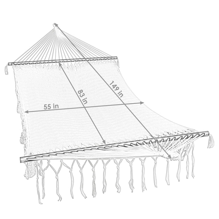 Sunnydaze 2-Person Woven Rope Hammock with Spreader Bars and Fringe - Cream Image 3