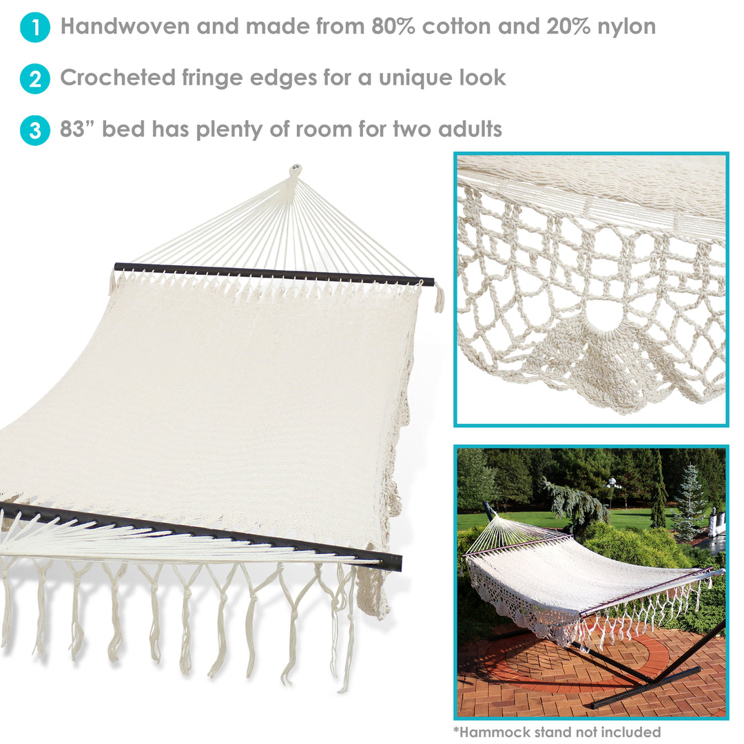 Sunnydaze 2-Person Woven Rope Hammock with Spreader Bars and Fringe - Cream Image 2