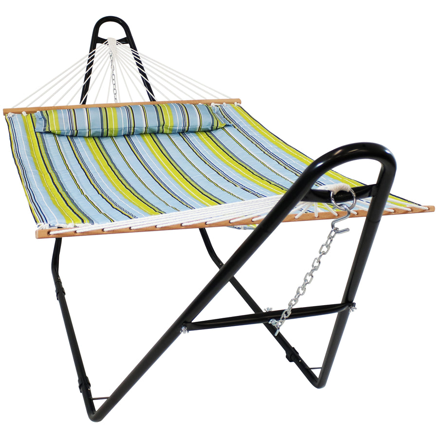 Sunnydaze 2-Person Quilted Hammock with Universal Steel Stand - Blue/Green Image 1