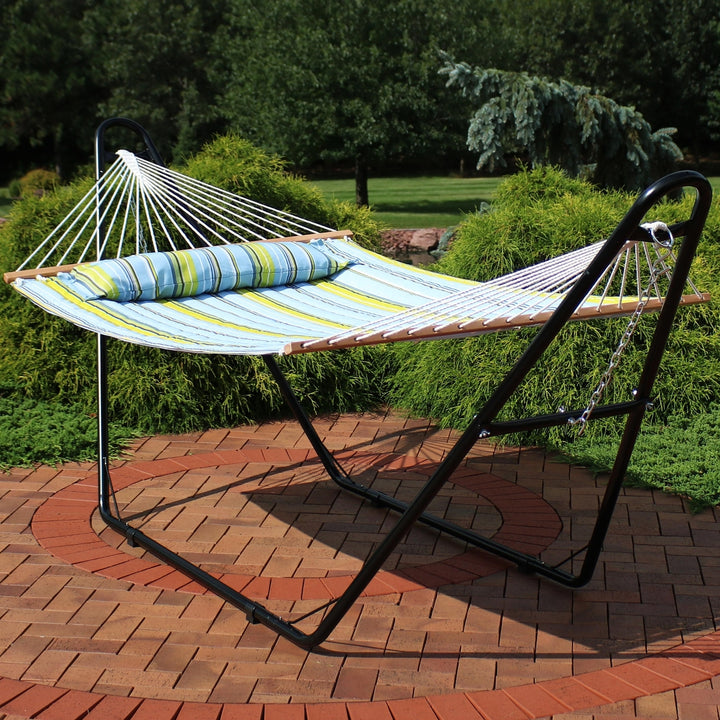 Sunnydaze 2-Person Quilted Hammock with Universal Steel Stand - Blue/Green Image 4