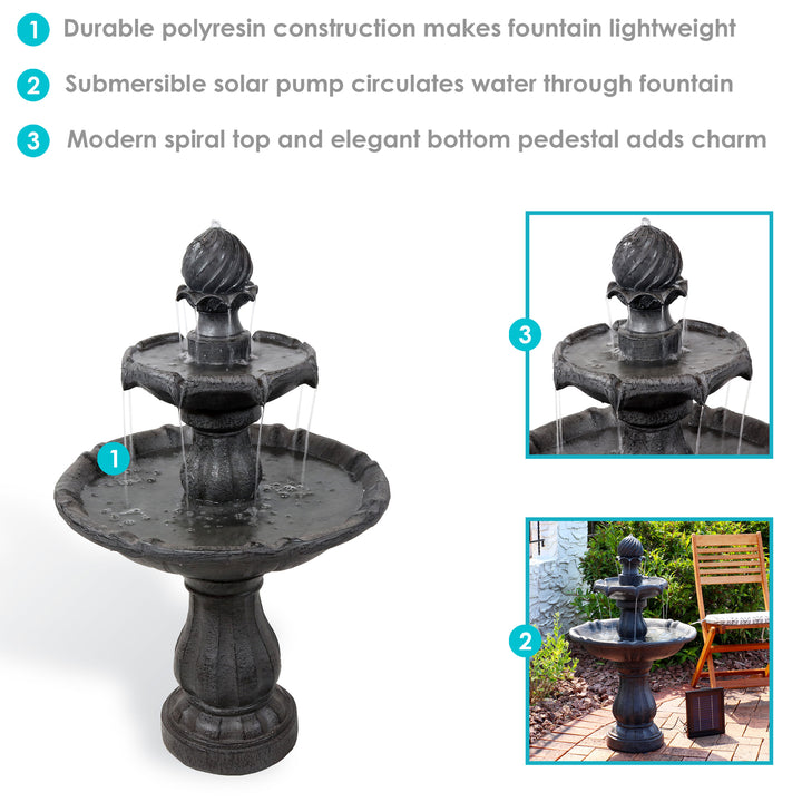 Sunnydaze Resin Outdoor 2-Tier Solar Water Fountain with Battery - Black Image 4