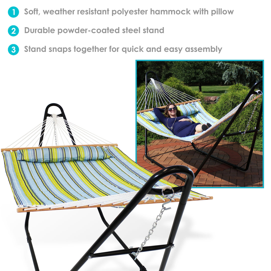 Sunnydaze 2-Person Quilted Hammock with Universal Steel Stand - Blue/Green Image 2