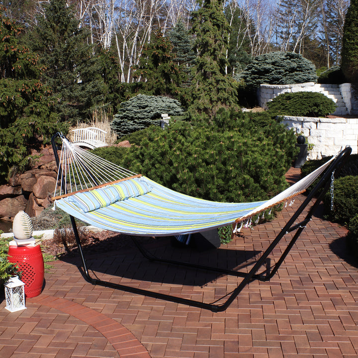 Sunnydaze 2-Person Quilted Hammock with Universal Steel Stand - Blue/Green Image 5