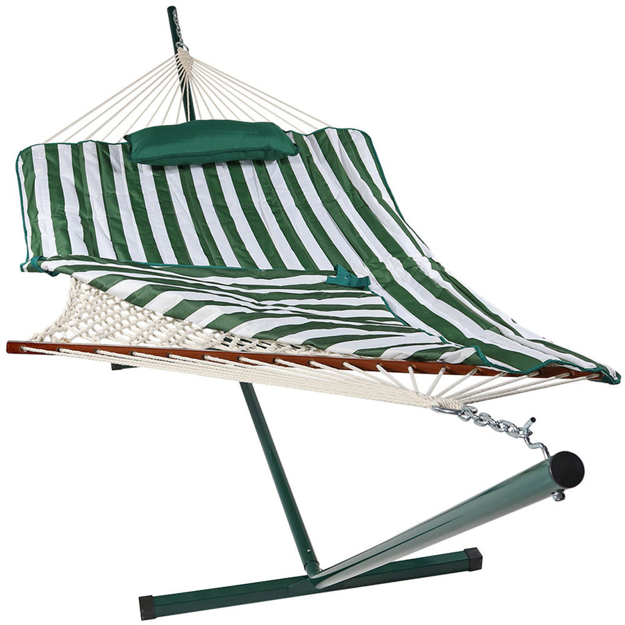 Sunnydaze Large Rope Hammock with Steel Stand and Pad/Pillow - Green Stripe Image 1