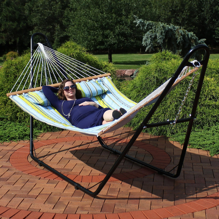 Sunnydaze 2-Person Quilted Hammock with Universal Steel Stand - Blue/Green Image 11