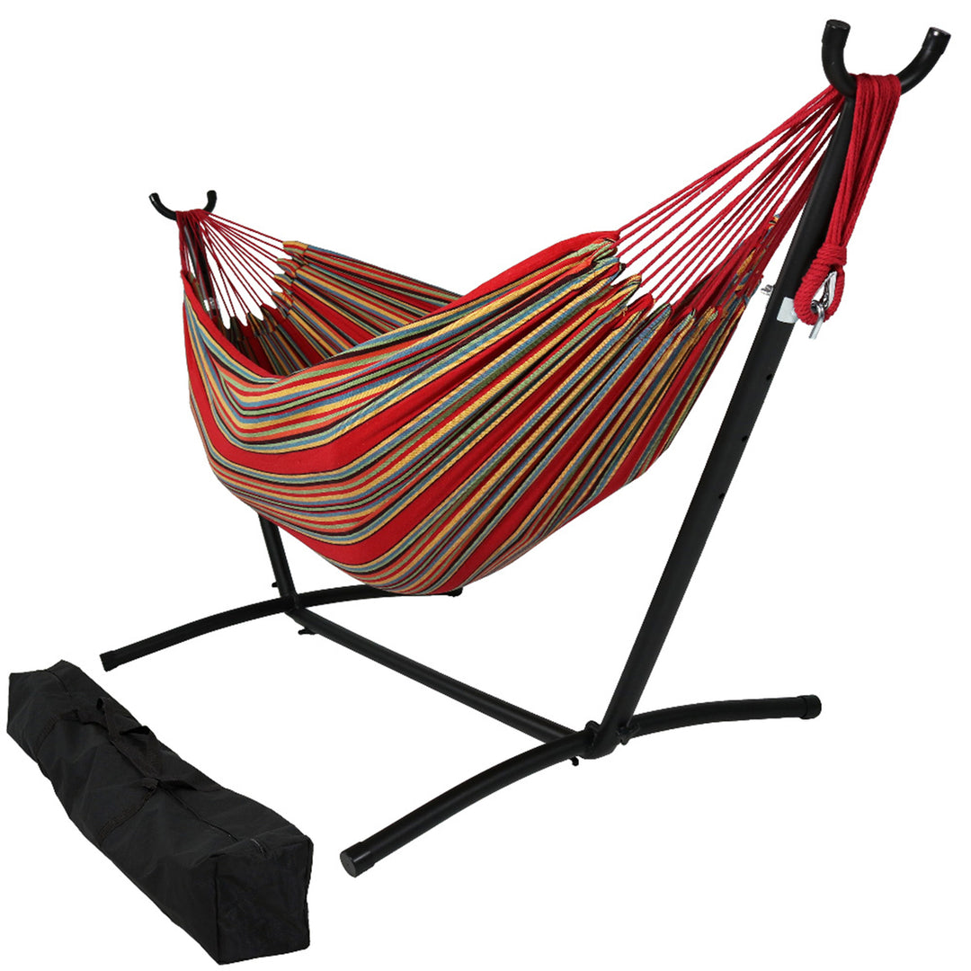 Sunnydaze Large Cotton Hammock with Steel Stand and Carrying Case - Sunset Image 1