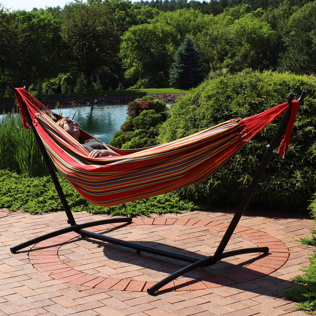 Sunnydaze Large Cotton Hammock with Steel Stand and Carrying Case - Sunset Image 4