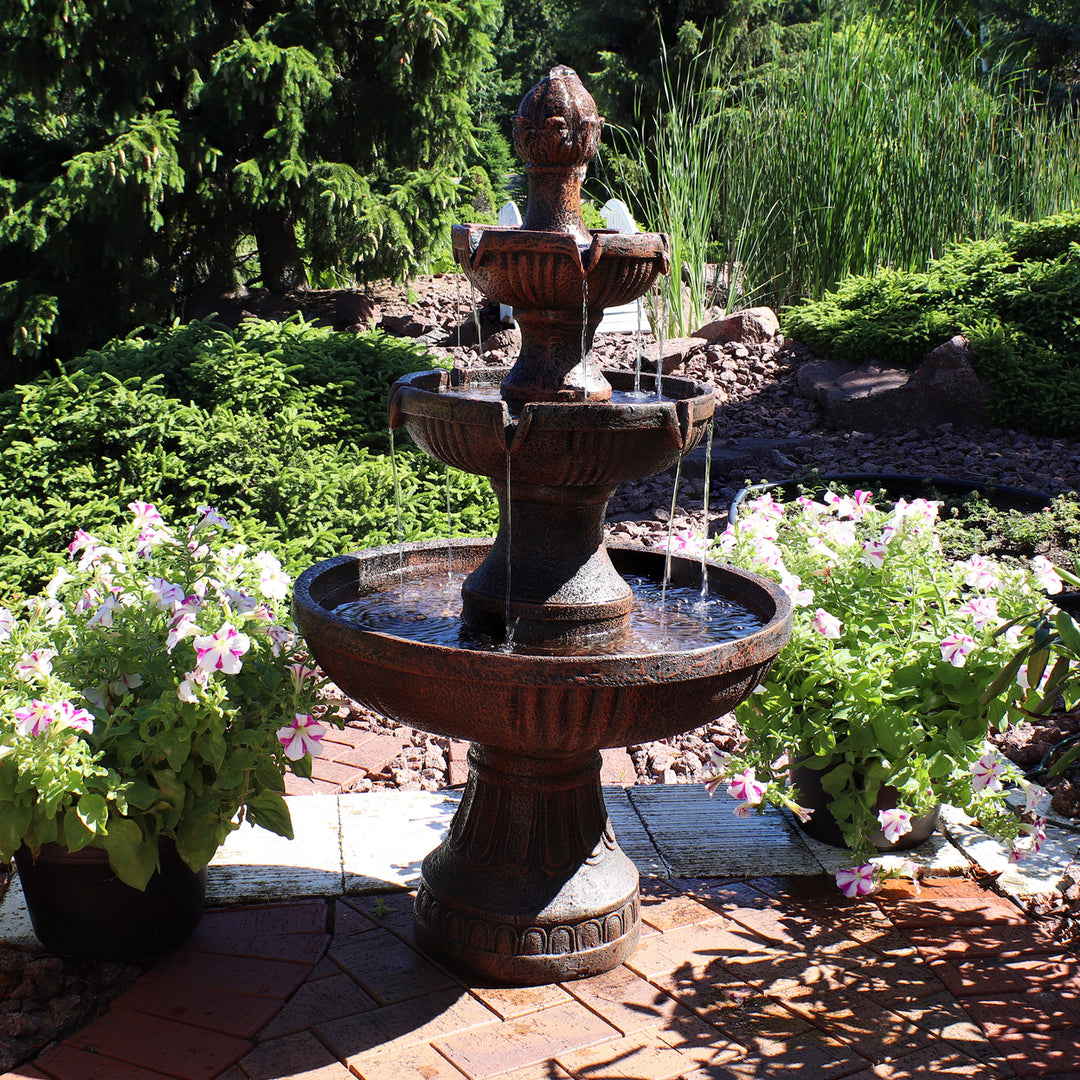 Sunnydaze Flower Blossom Resin Outdoor 3-Tier Fountain - Brown Image 2