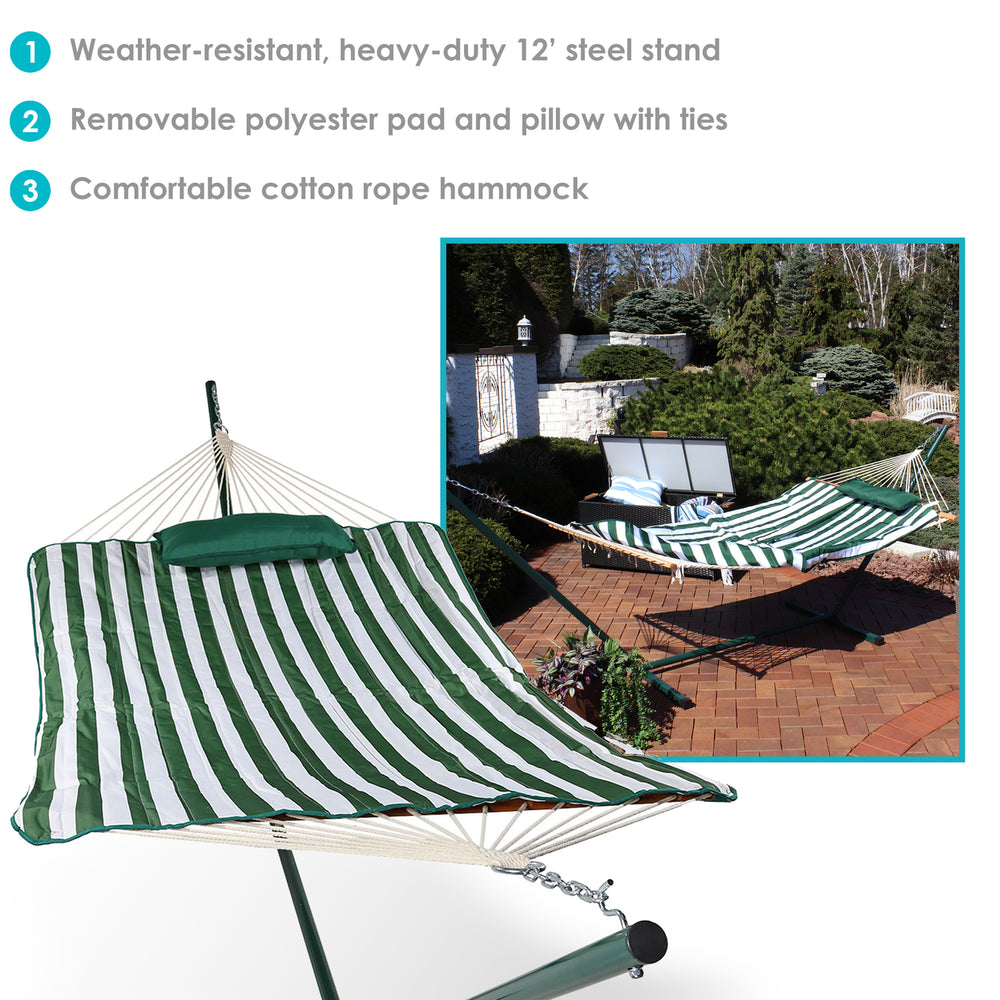 Sunnydaze Large Rope Hammock with Steel Stand and Pad/Pillow - Green Stripe Image 2