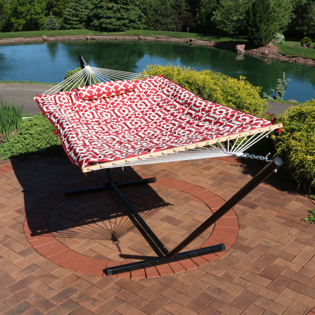 Sunnydaze 2-Person Rope Hammock with Steel Stand and Pad/Pillow - Royal Red Image 3