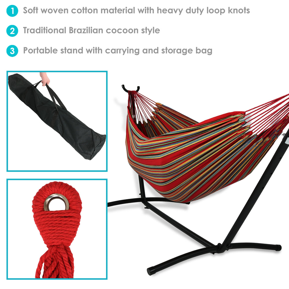 Sunnydaze Large Cotton Hammock with Steel Stand and Carrying Case - Sunset Image 2