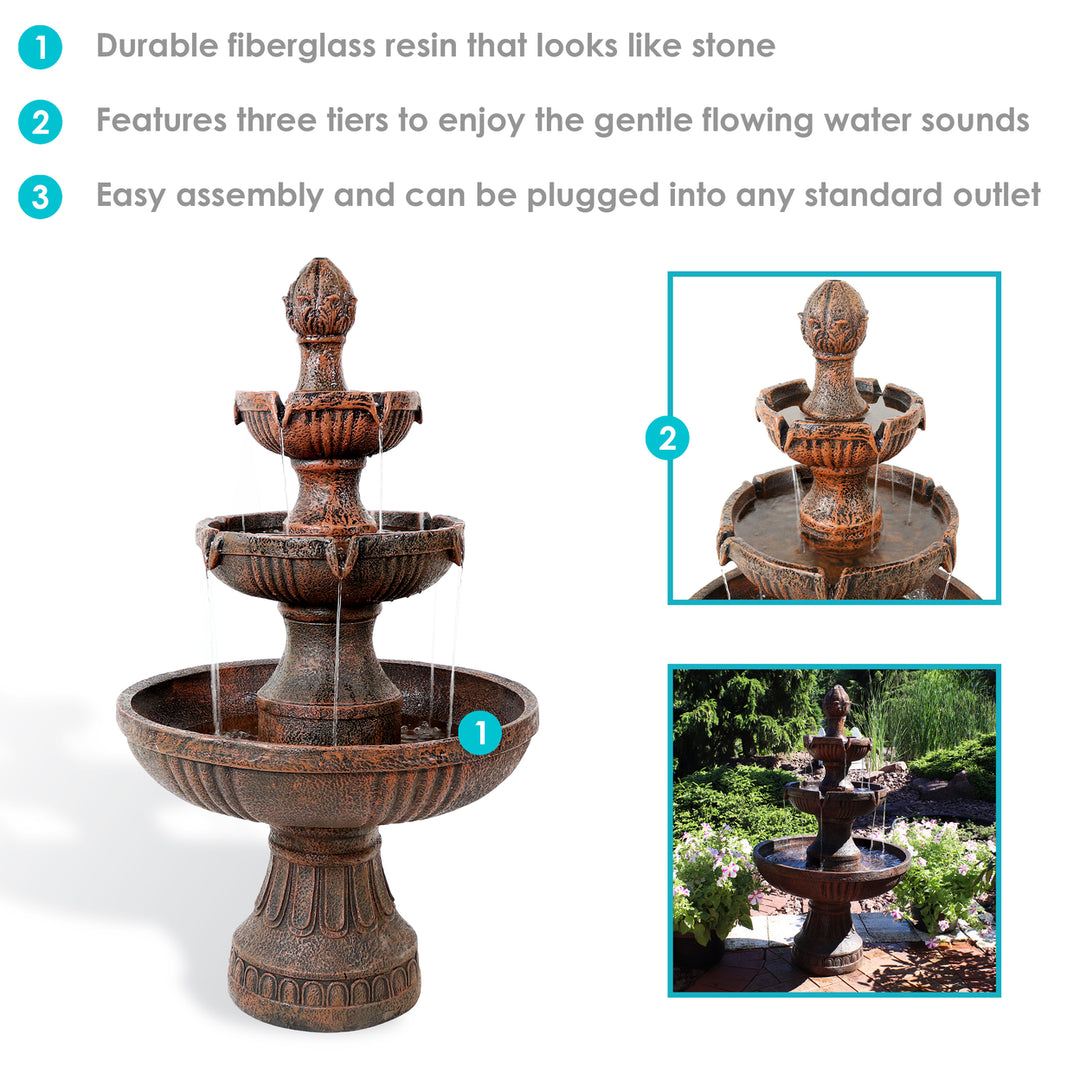 Sunnydaze Flower Blossom Resin Outdoor 3-Tier Fountain - Brown Image 4