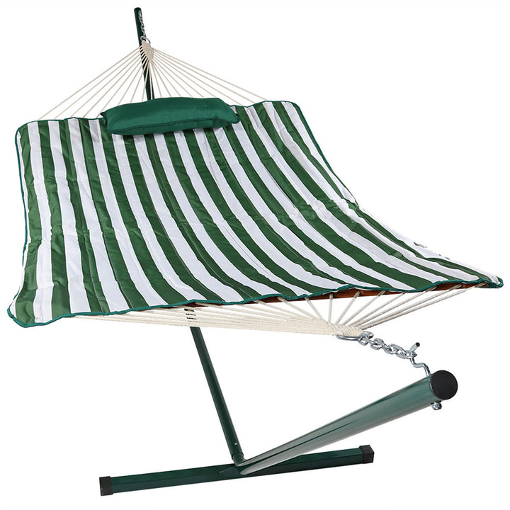 Sunnydaze Large Rope Hammock with Steel Stand and Pad/Pillow - Green Stripe Image 7