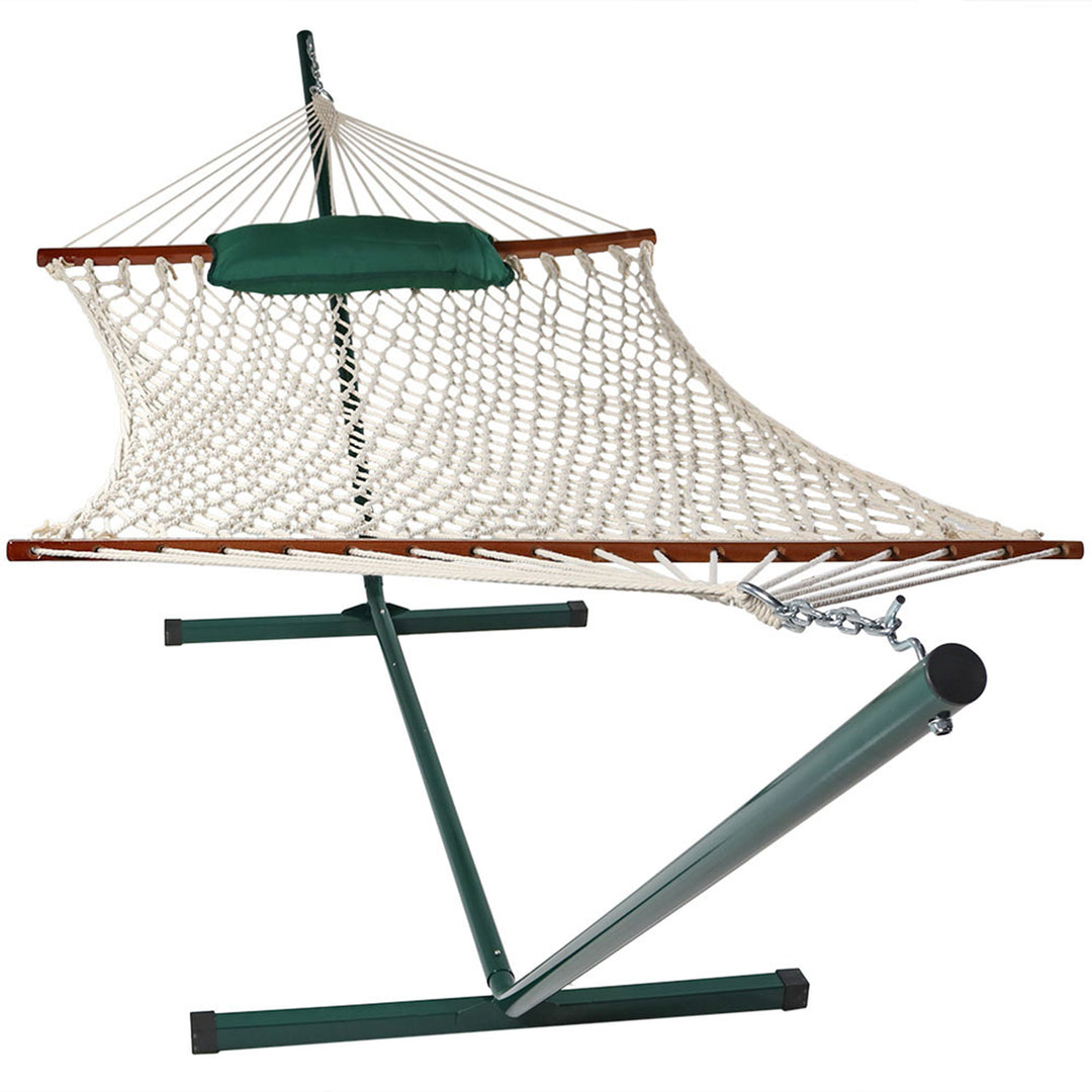 Sunnydaze Large Rope Hammock with Steel Stand and Pad/Pillow - Green Stripe Image 8