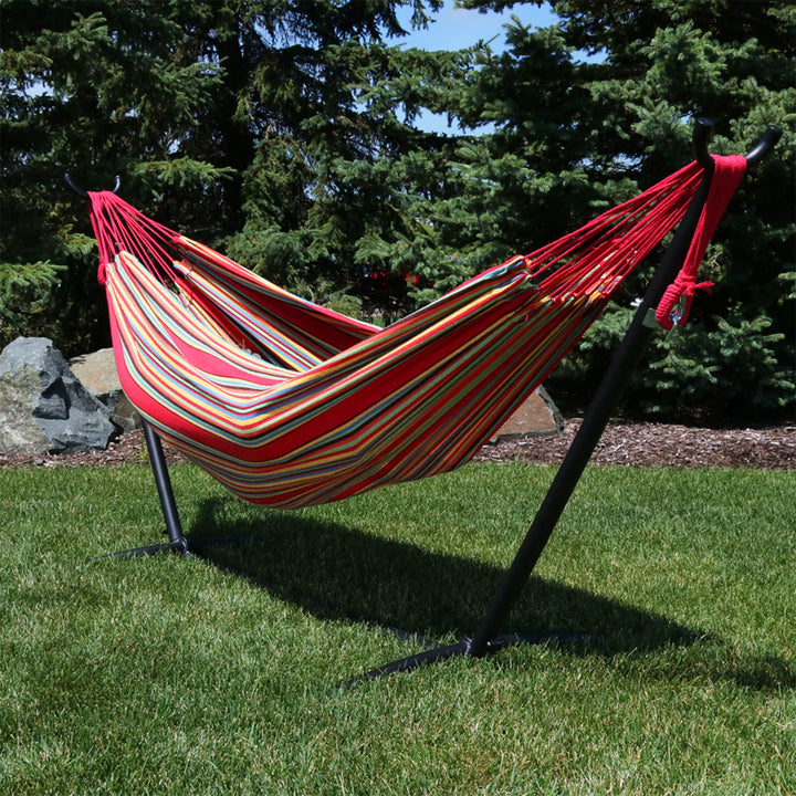 Sunnydaze Large Cotton Hammock with Steel Stand and Carrying Case - Sunset Image 5