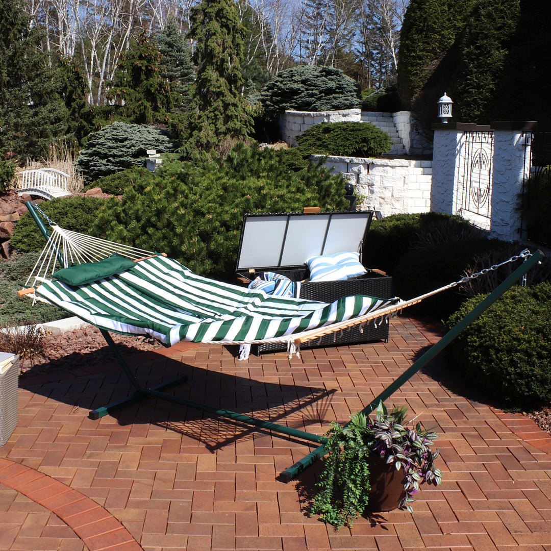 Sunnydaze Large Rope Hammock with Steel Stand and Pad/Pillow - Green Stripe Image 5