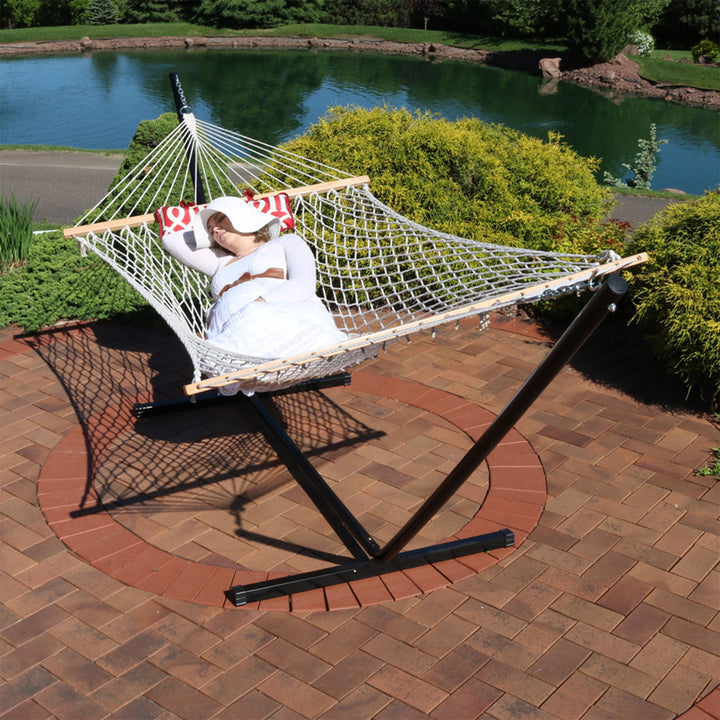 Sunnydaze 2-Person Rope Hammock with Steel Stand and Pad/Pillow - Royal Red Image 5