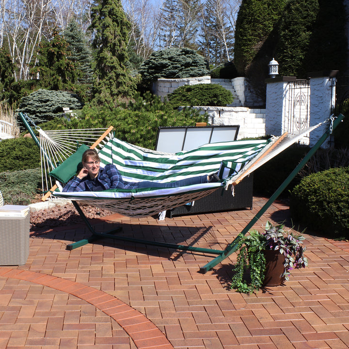 Sunnydaze Large Rope Hammock with Steel Stand and Pad/Pillow - Green Stripe Image 11