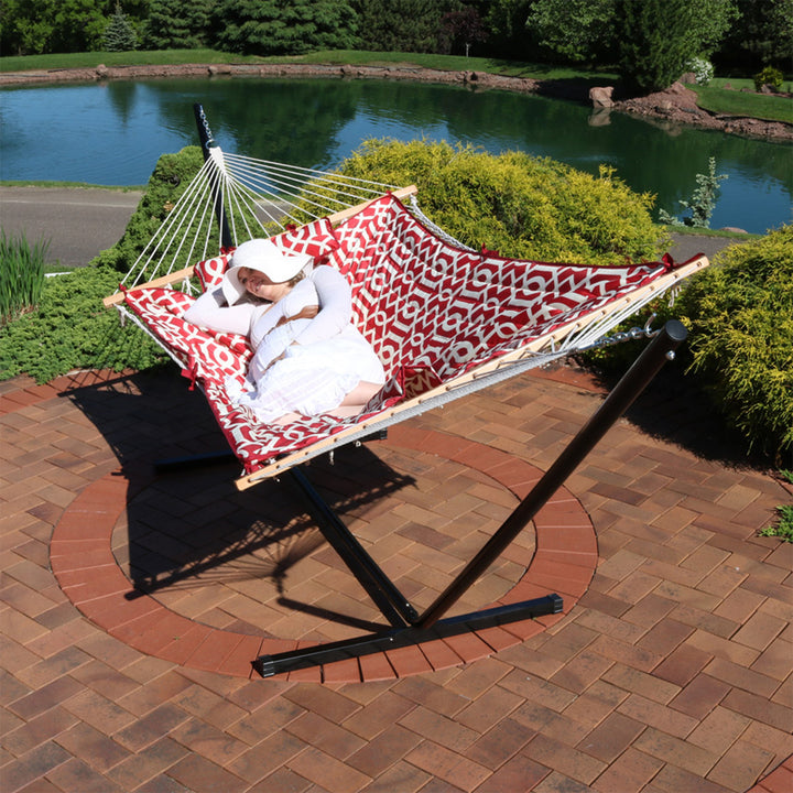 Sunnydaze 2-Person Rope Hammock with Steel Stand and Pad/Pillow - Royal Red Image 9