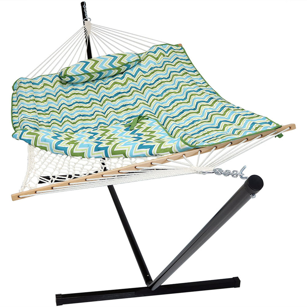 Sunnydaze Large Rope Hammock with Steel Stand and Pad/Pillow - Blue/Green Image 1