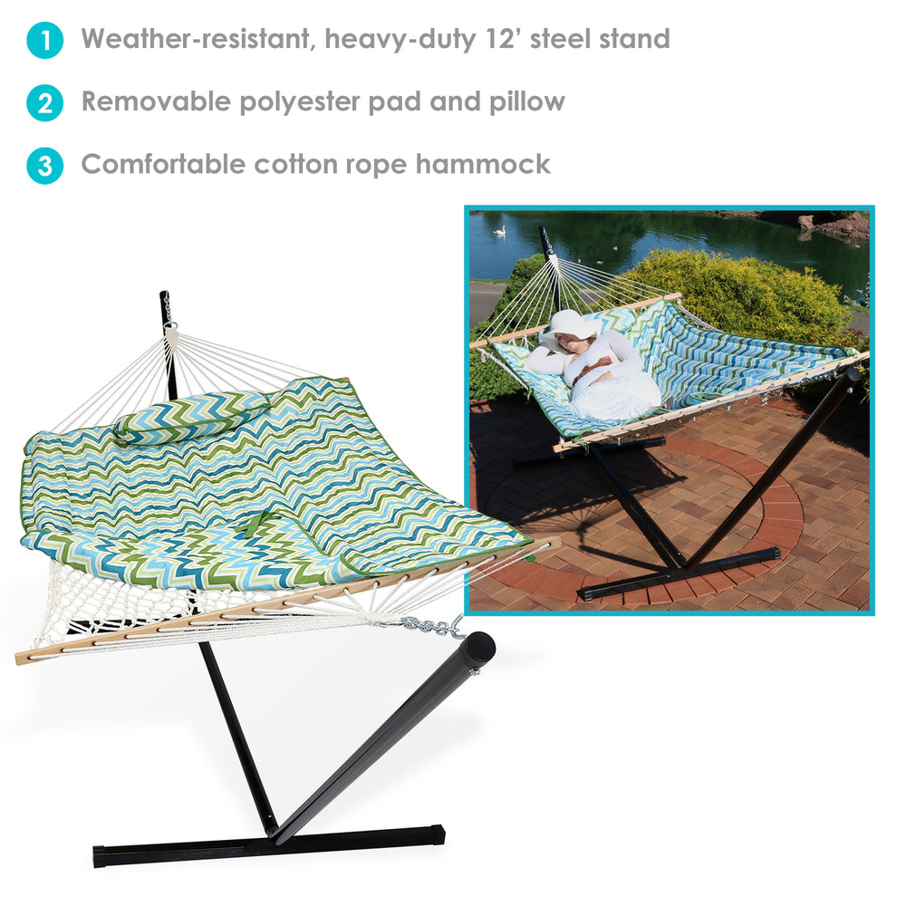 Sunnydaze Large Rope Hammock with Steel Stand and Pad/Pillow - Blue/Green Image 2