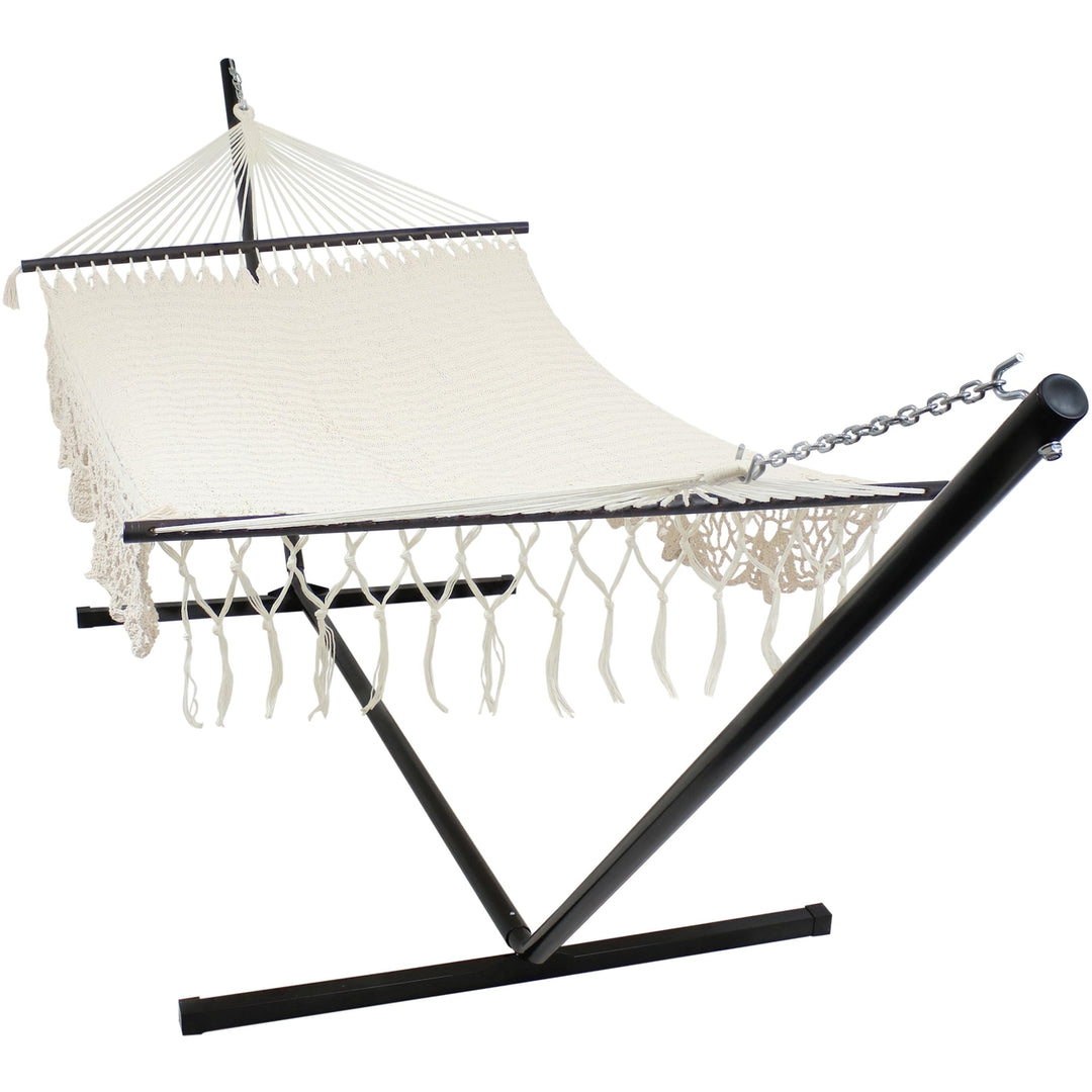 Sunnydaze 2-Person Cotton/Nylon Hammock with Steel Stand and Fringe - White Image 1