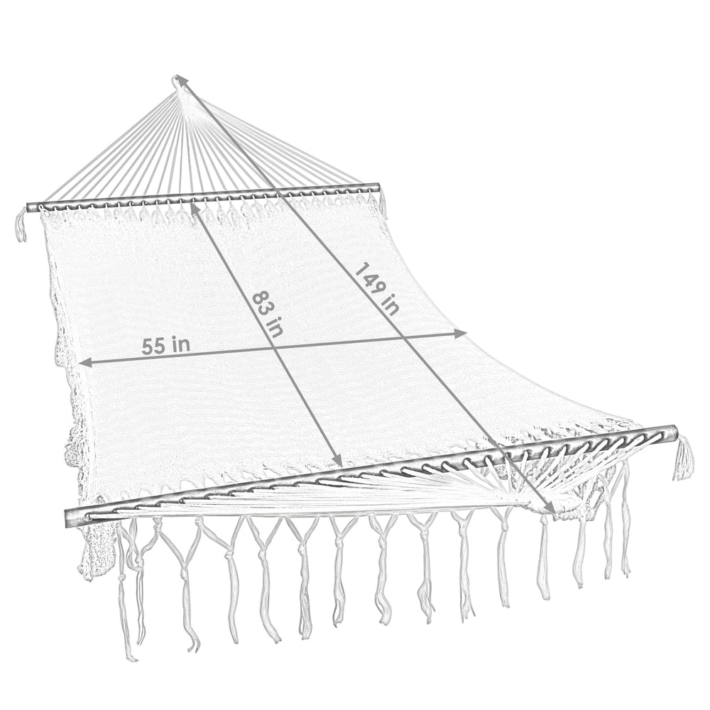 Sunnydaze 2-Person Cotton/Nylon Hammock with Steel Stand and Fringe - White Image 2