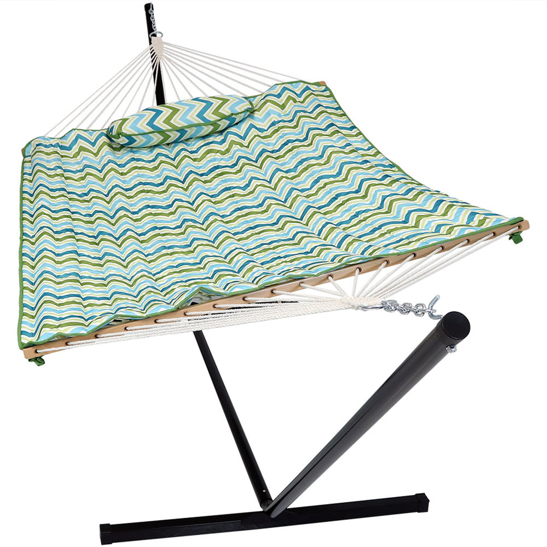 Sunnydaze Large Rope Hammock with Steel Stand and Pad/Pillow - Blue/Green Image 10