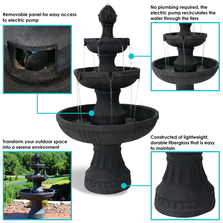 Sunnydaze Flower Blossom Resin Outdoor 3-Tier Fountain - Black Image 4