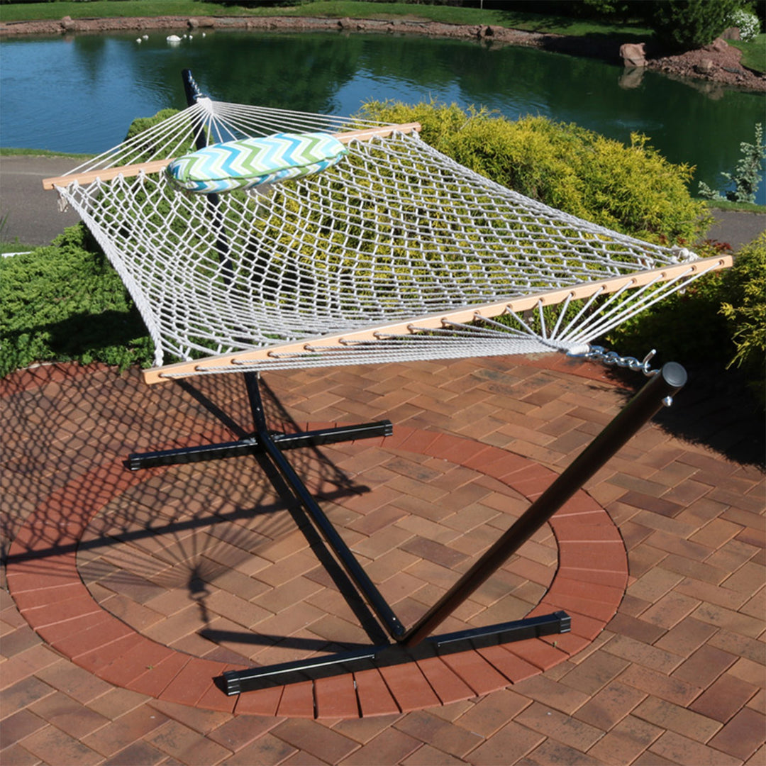 Sunnydaze Large Rope Hammock with Steel Stand and Pad/Pillow - Blue/Green Image 6