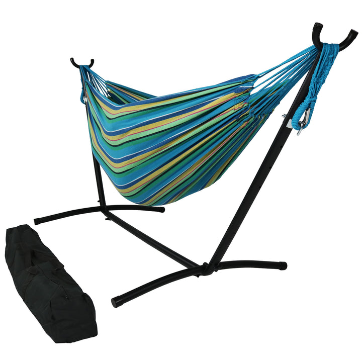 Sunnydaze Cotton Hammock with Steel Stand and Carrying Case - Sea Grass Image 1