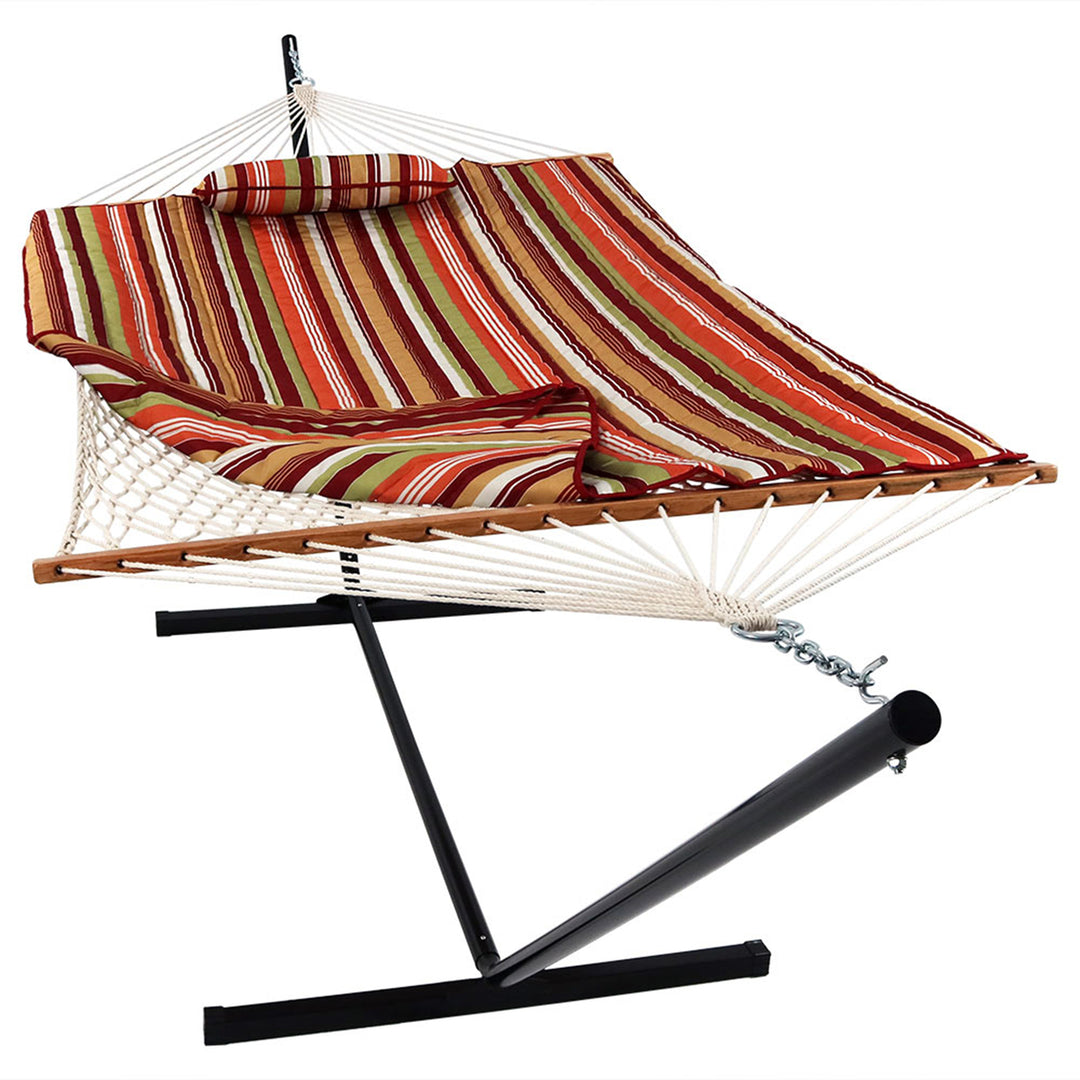 Sunnydaze Large Rope Hammock with Steel Stand and Pad/Pillow - Orange Image 1