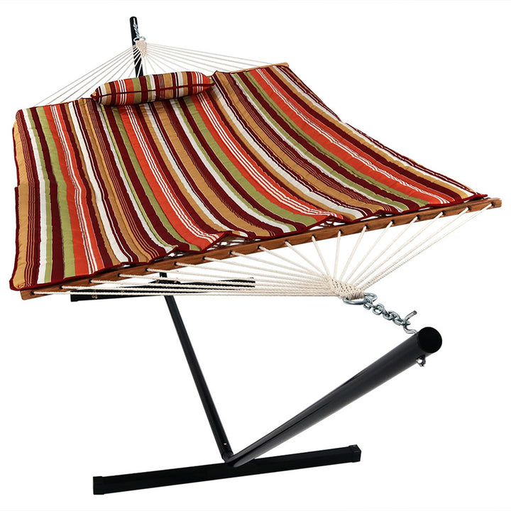 Sunnydaze Large Rope Hammock with Steel Stand and Pad/Pillow - Orange Image 6