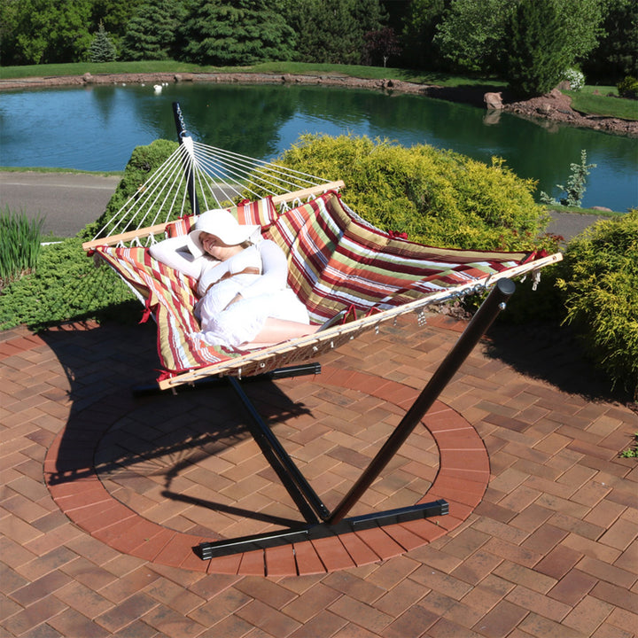 Sunnydaze Large Rope Hammock with Steel Stand and Pad/Pillow - Orange Image 9