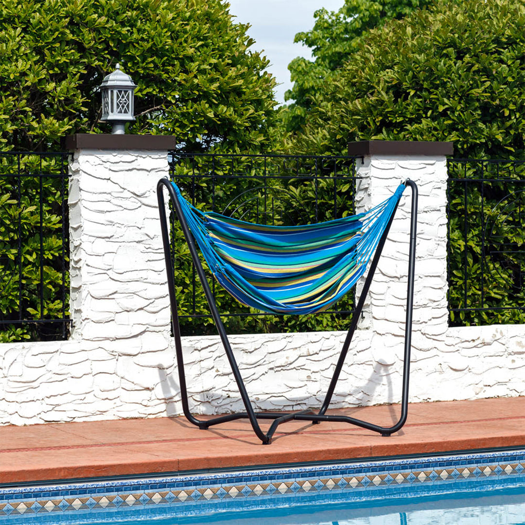 Sunnydaze Cotton Hammock Chair with Space Saving Steel Stand - Ocean Breeze Image 4