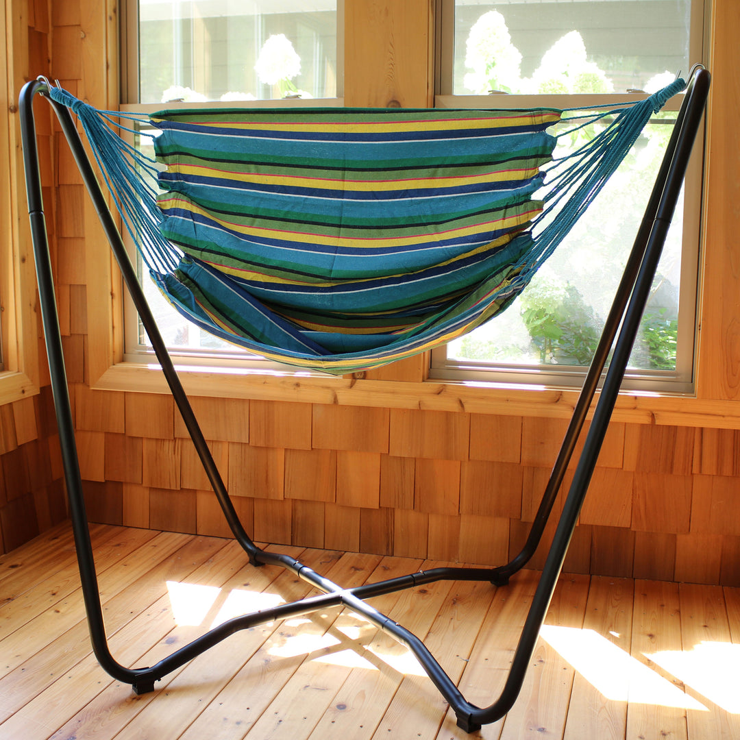 Sunnydaze Cotton Hammock Chair with Space Saving Steel Stand - Ocean Breeze Image 5