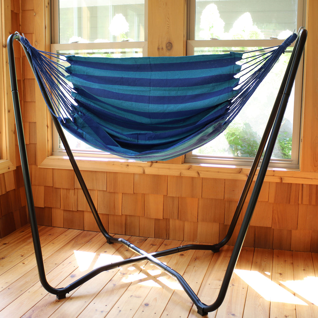 Sunnydaze Cotton Hammock Chair with Space Saving Steel Stand - Beach Oasis Image 4